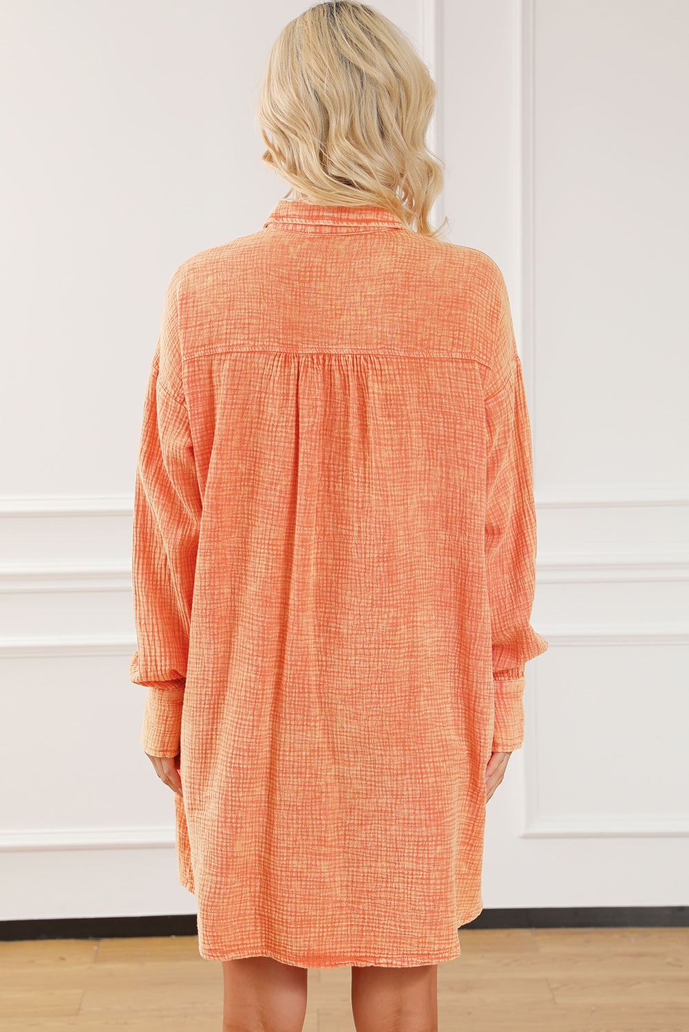 Orange Crinkled Dual Chest Pocket Oversized Shirt Dress Womens Fashion