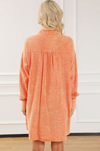 Orange Crinkled Dual Chest Pocket Oversized Shirt Dress Womens Fashion