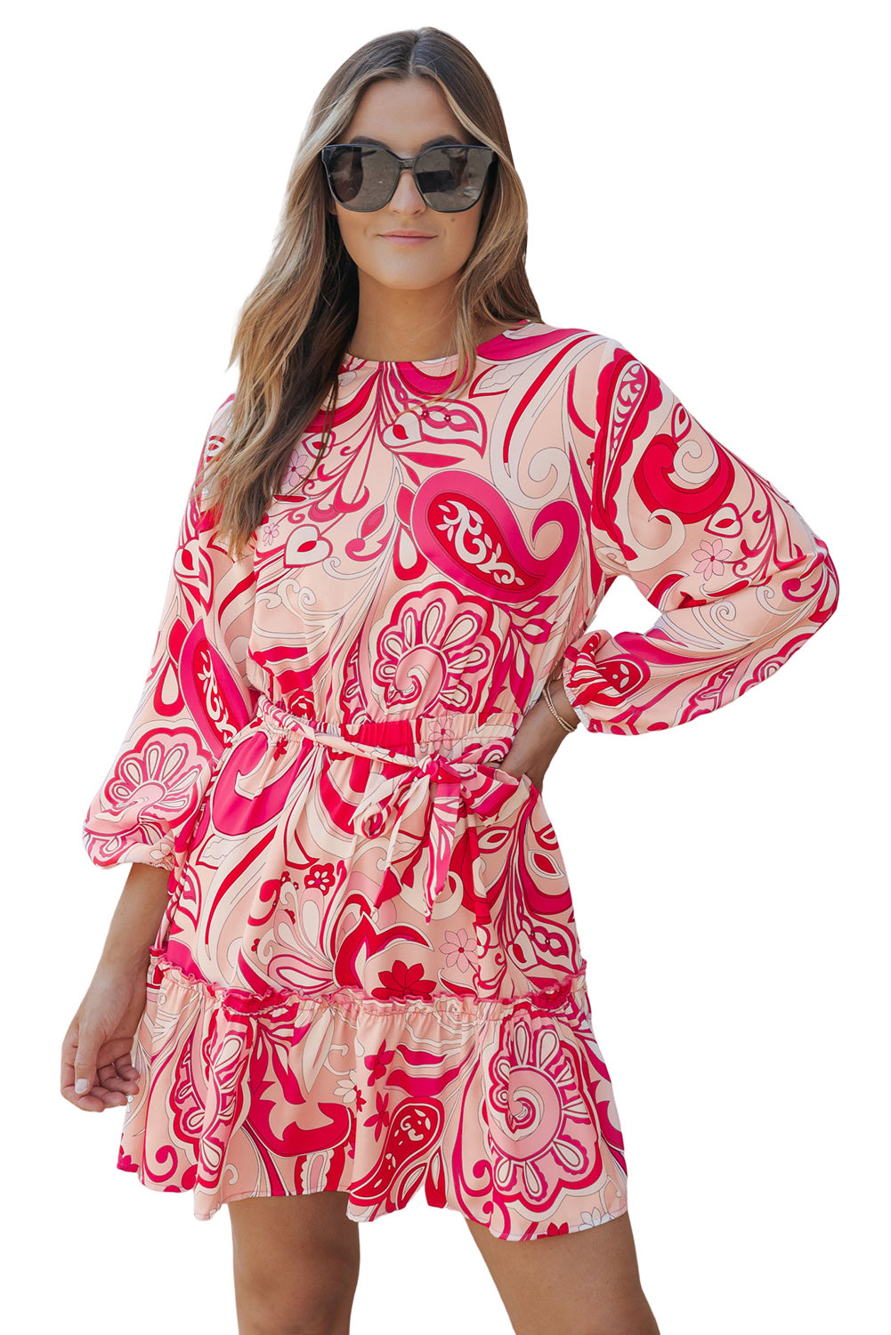 Paisley Printed Button Keyhole Back Belted Long Sleeve Boho Mini Dress