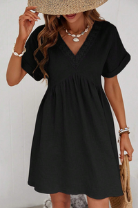 Women’s Black Dress Short Sleeve Lace V Neck Short Flowy Casual Fashion Dresses