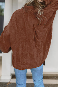 Long Sleeve Shirt Top Ribbed Coffee Textured Corduroy Puff Sleeve Shacket