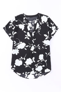 Black Floral Printed Short Sleeve Blouse Womens Casual Shirt Top