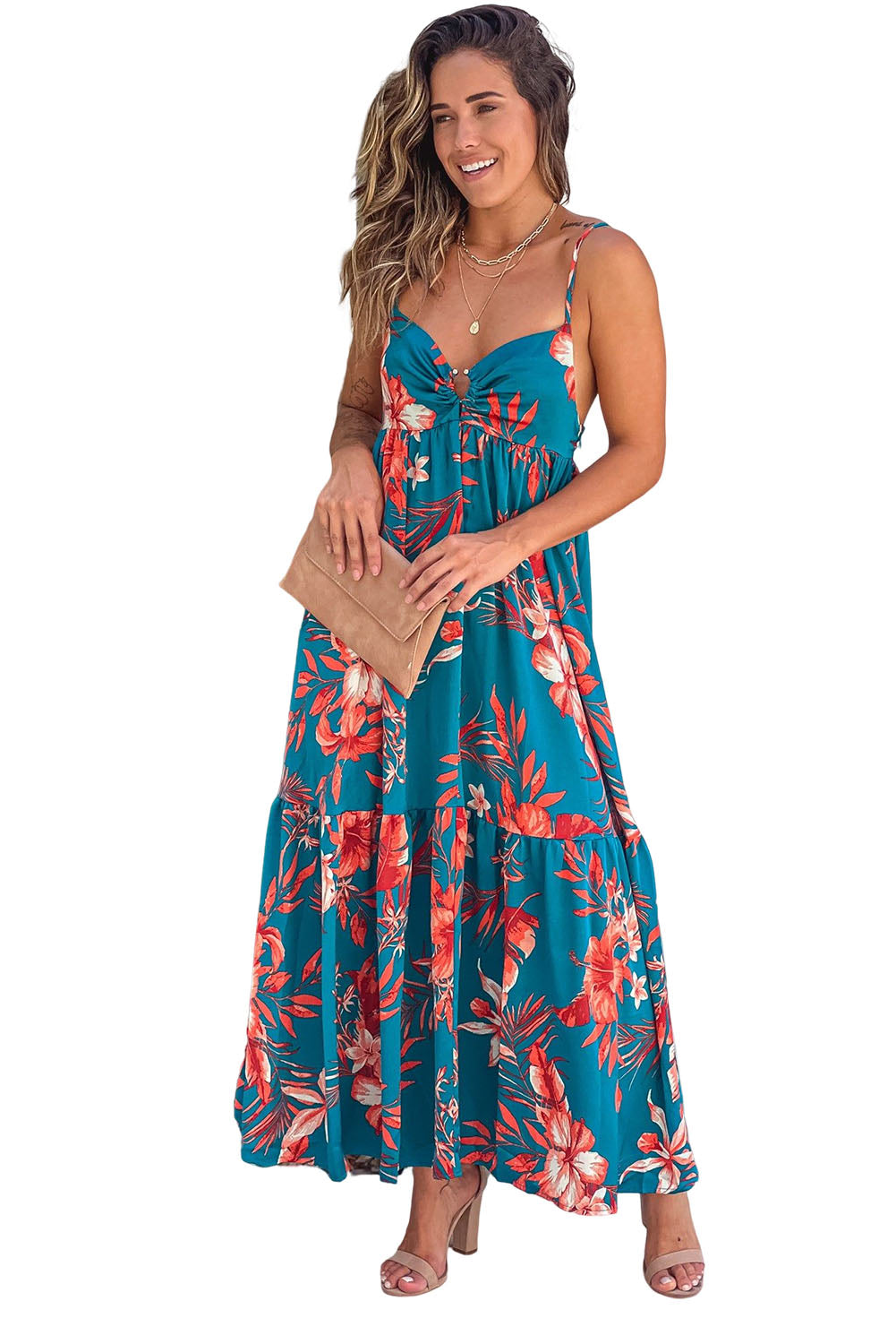 Womens Fashion Casual Sky Blue Strappy Open Back Floral Maxi Long Dress