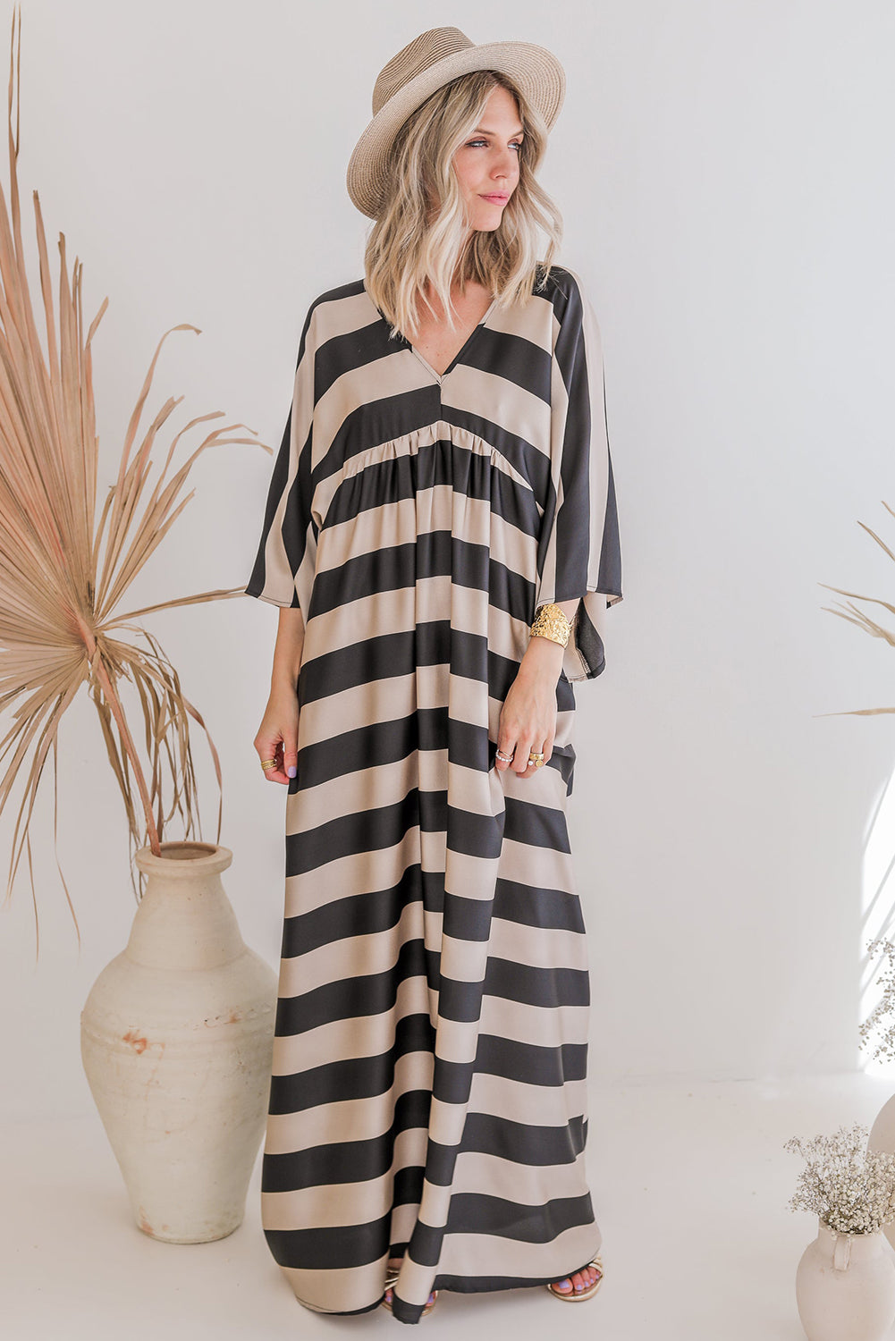 Black V Neck Kimono Sleeve Black and White Striped Maxi Long Dress