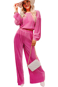 Rose Fiery Red Solid Pleated Sweater and Wide Leg Pants Set (Loungewear set) Long Sleeve Top and Pants Included