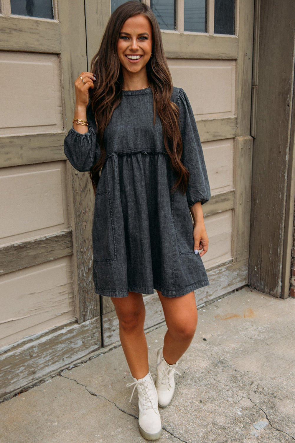 Women’s Long Sleeve Babydoll Black Balloon Sleeve High Waist Denim Dress