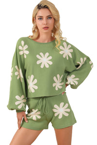 Matching Outfit Set Green Flower Print Bubble Sleeve Knitted Sweater and Shorts Set