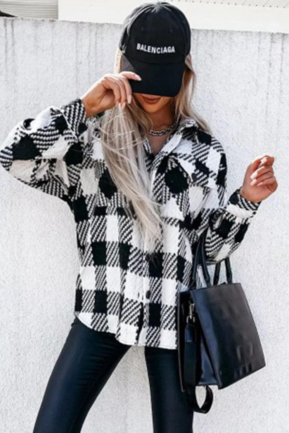 Black Plaid Textured Flap Pocket Shacket Long Sleeve Top