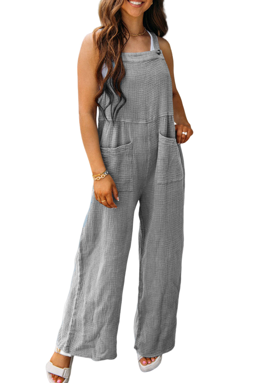 Women’s Gray Textured Wide Leg Overall with Pockets Fashion Jumpsuit  and Rompers