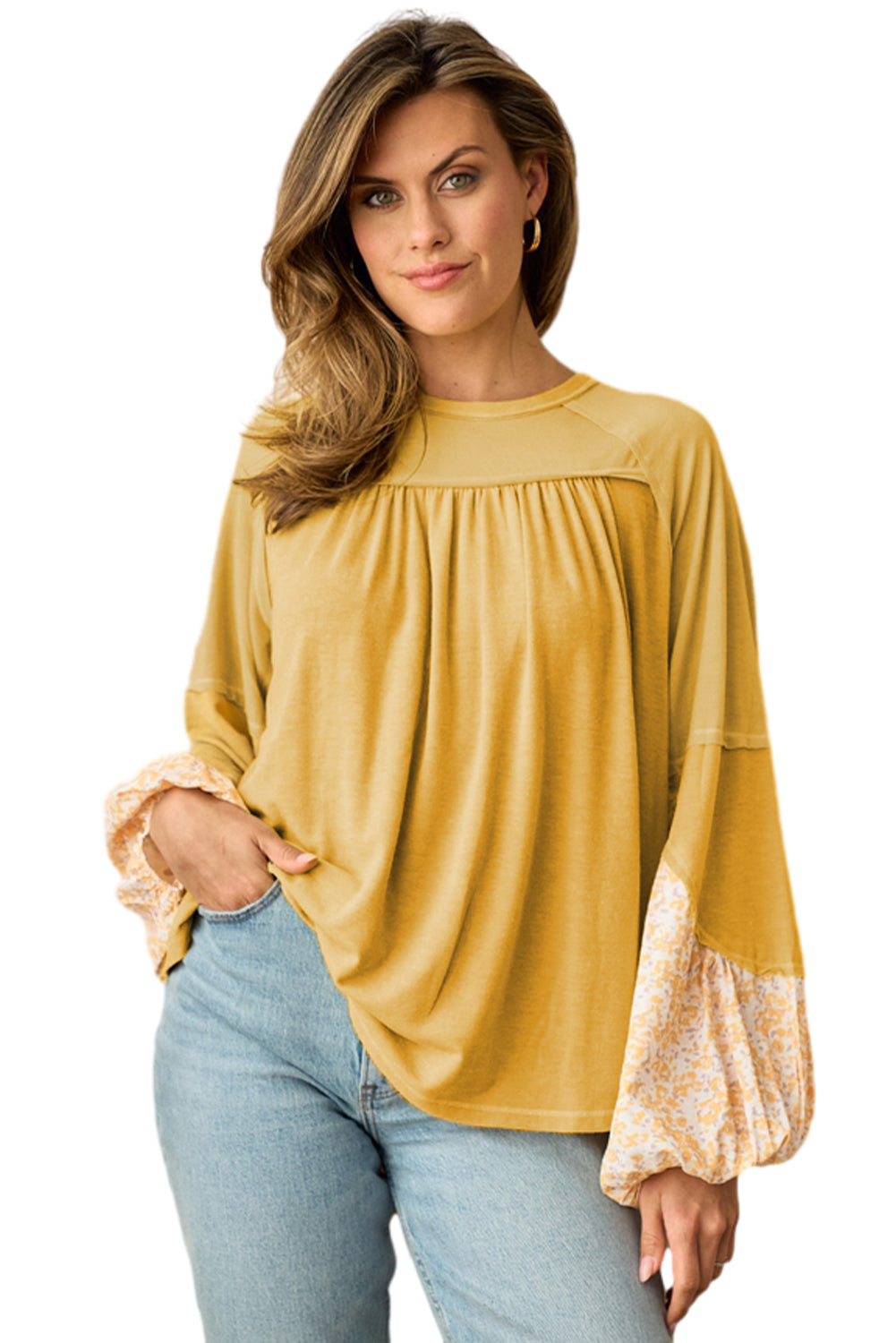 Yellow Long Sleeve Shirt Casual Women's Beige Floral Colorblock Balloon Sleeve Exposed Seam Top KESLEY