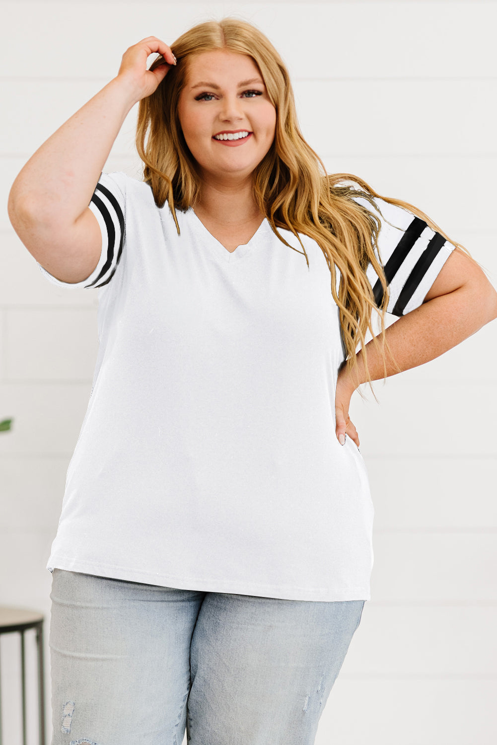 White Plus Size Stripes Stitching Sleeve V Neck T-shirt