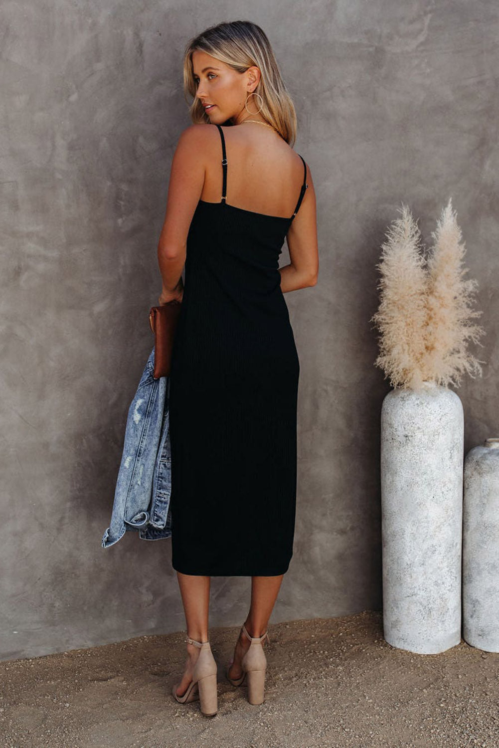 Black Buttoned Ribbed Knit Sleeveless Midi Bodycon Dress with Slit