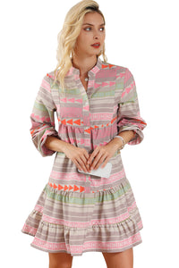 Women’s Short Ruffle Dress Multicolour Boho Print Puff Sleeve Buttoned Babydoll Dress