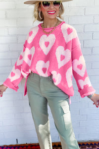 Pink Sweatshirt Heart Print Pearl Beaded Heart Drop Shoulder Sweater