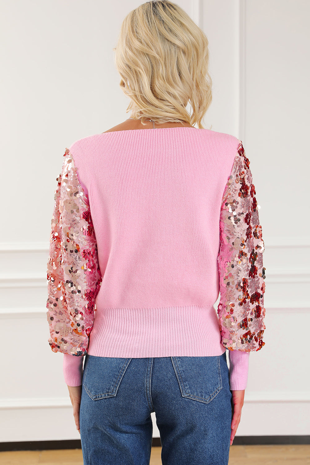 Pink Contrast Sequin Sleeve V Neck Ribbed Knit Sweater