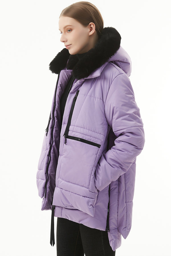 Women's Hooded Puffer Coat Purple  Plush Linen Zip Up Fashion Warm Jacket Outerwear