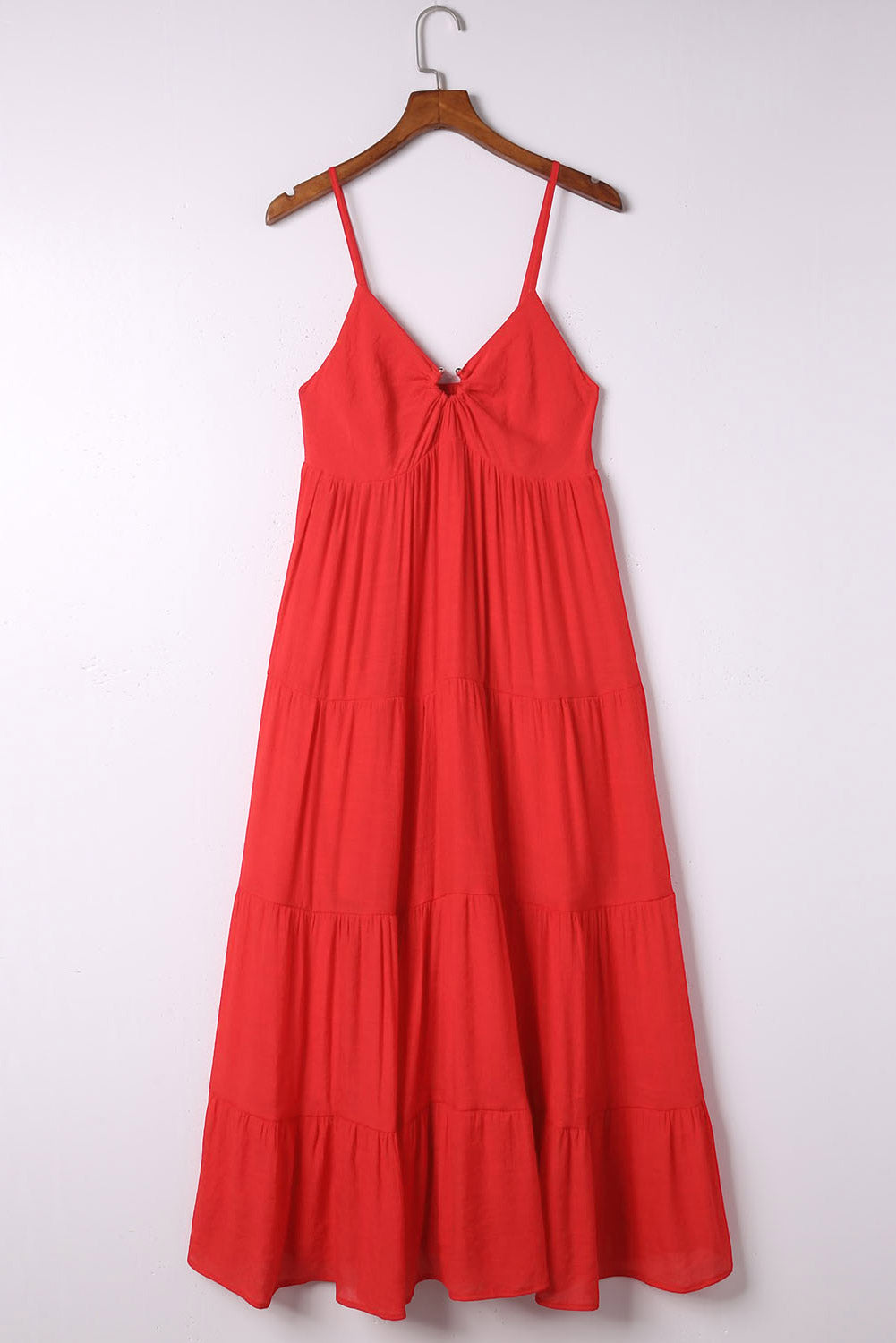 Women’s Red Dress O-ring Top Smocked Back Spaghetti Straps Ruffle Tiered Maxi Dress