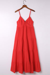 Women’s Red Dress O-ring Top Smocked Back Spaghetti Straps Ruffle Tiered Maxi Dress