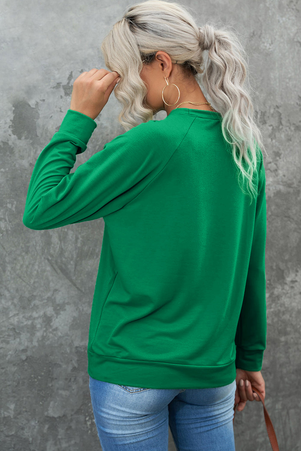 Green Solid Round Neck Raglan Sleeve Sweatshirt Cotton Sweaters ladies fashion