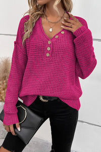 Rose Fiery Red Pointelle Knit Button V Neck Drop Shoulder Long Sleeve Shirt, Sweater