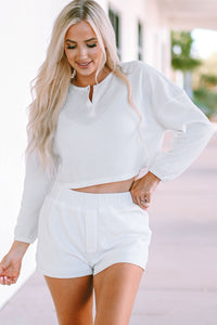 White Waffle Knit Buttoned Long Sleeve Crop and Shorts Lounge Set