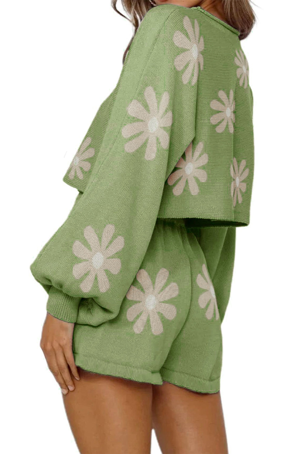 Matching Outfit Set Green Flower Print Bubble Sleeve Knitted Sweater and Shorts Set