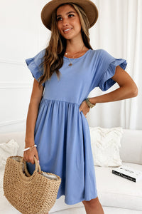 Sky Blue Round Neck Ruffle Sleeve Loose Dress