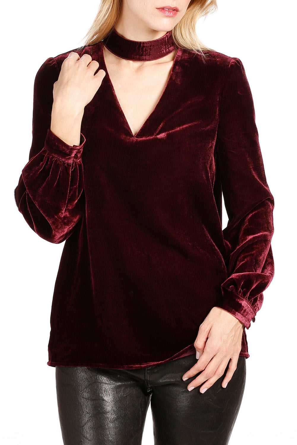 Biking Red Choker Neck Hollow-out Velvet Blouse