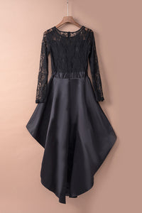 Black Long Sleeve Lace High Low Long Sleeve Satin Evening Dress