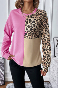 Women's Pink Cheetah Print Long Sleeve Shirt Bonbon Leopard Color Block Waffle Knit Top