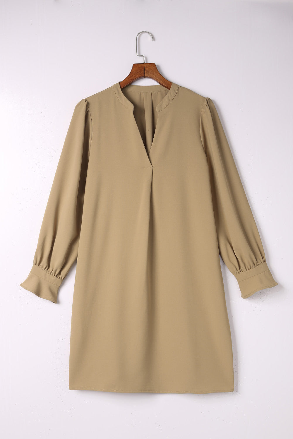 Nude Shirt Dress Apricot Split V Neck Ruffled Long Sleeves Shirt Dresses