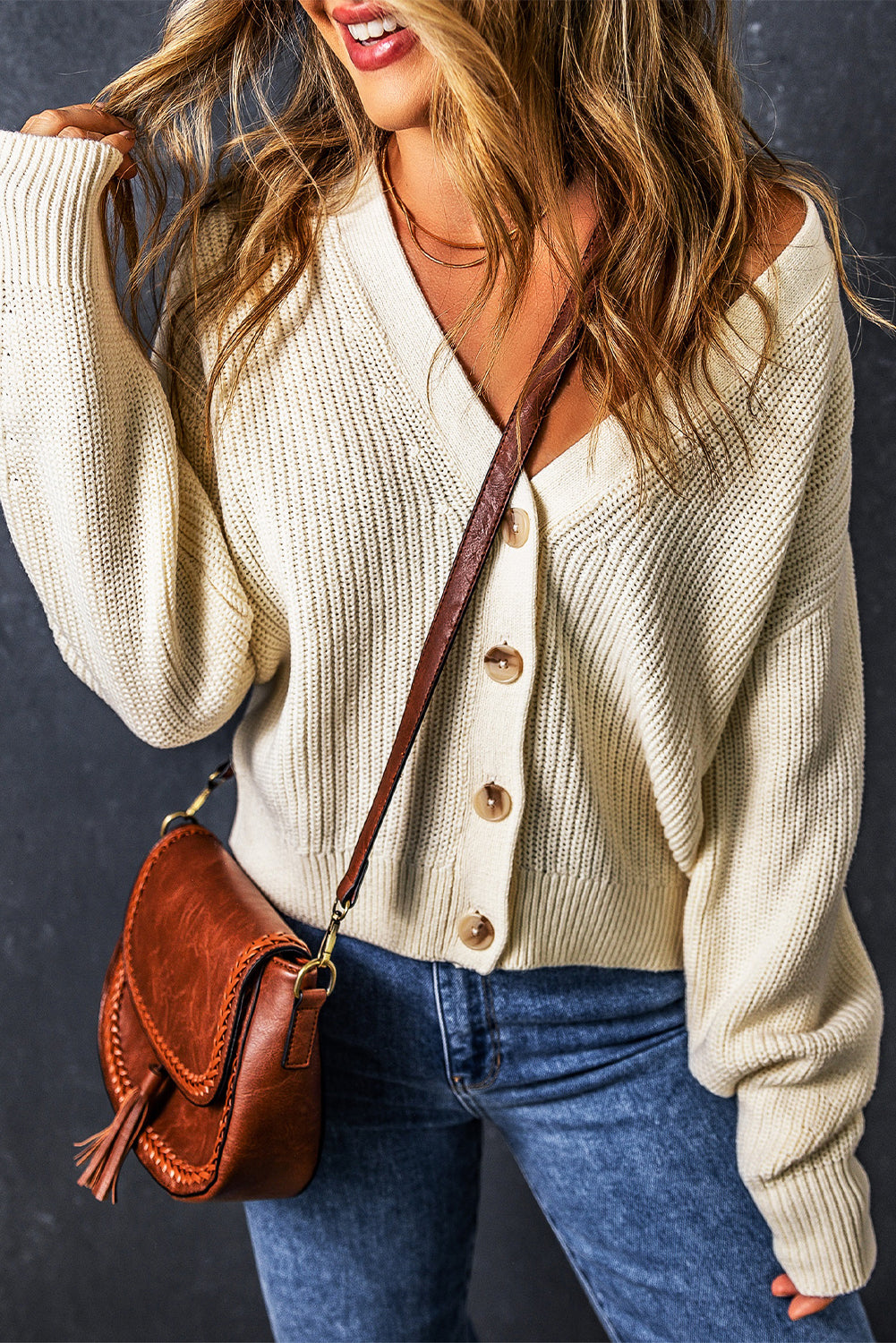 Beige Plain Knitted Buttoned V Neck Cardigan