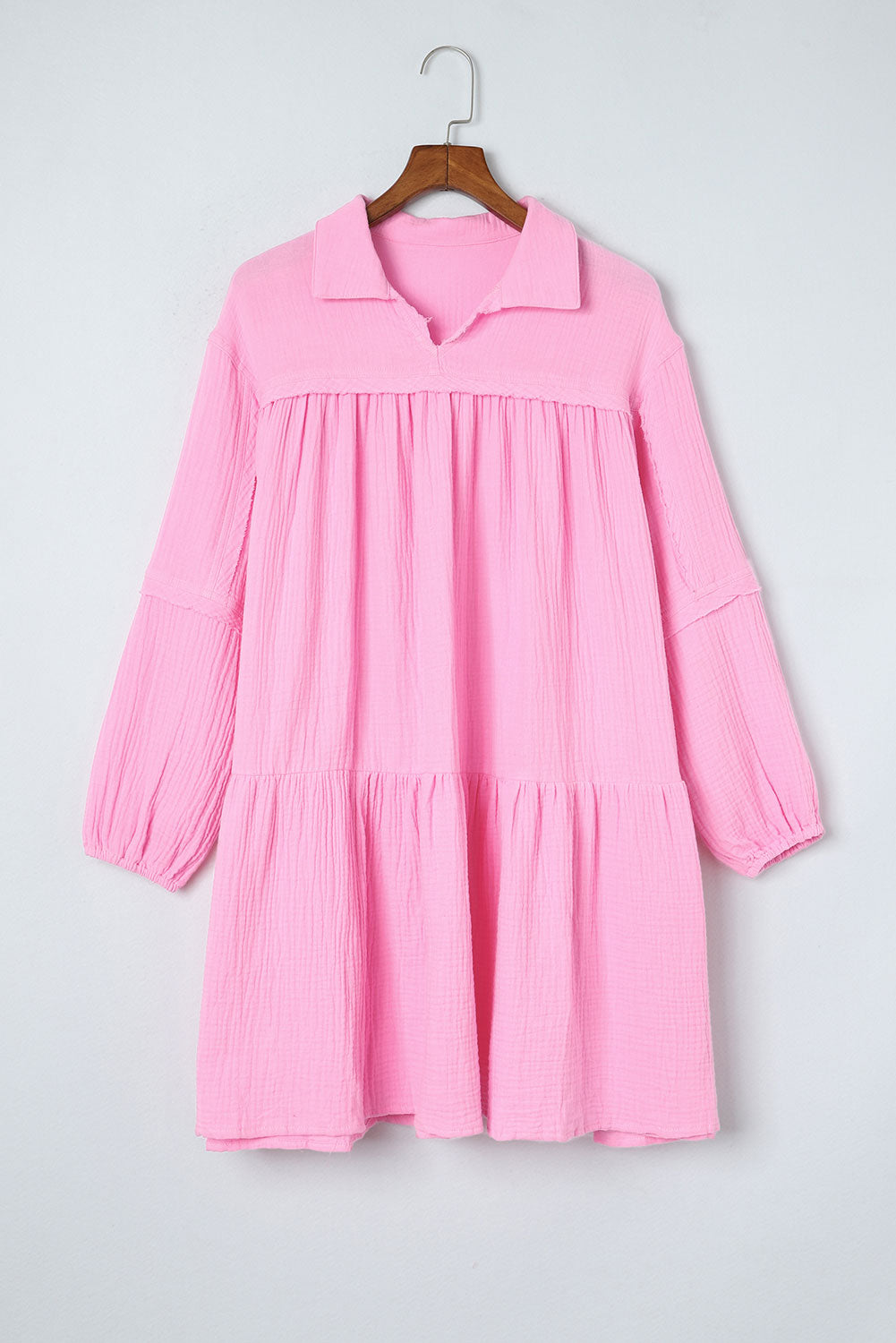 Pink Long Sleeve Loose Fit Casual Long Turn-down Neck Textured Bubble Sleeved Short Dress