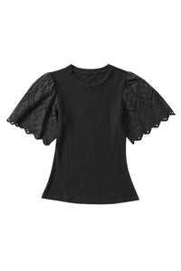 Black Shirt Scalloped Lace Sleeve Ribbed Knit Top, Womens Short Sleeve Basic Black Blouse