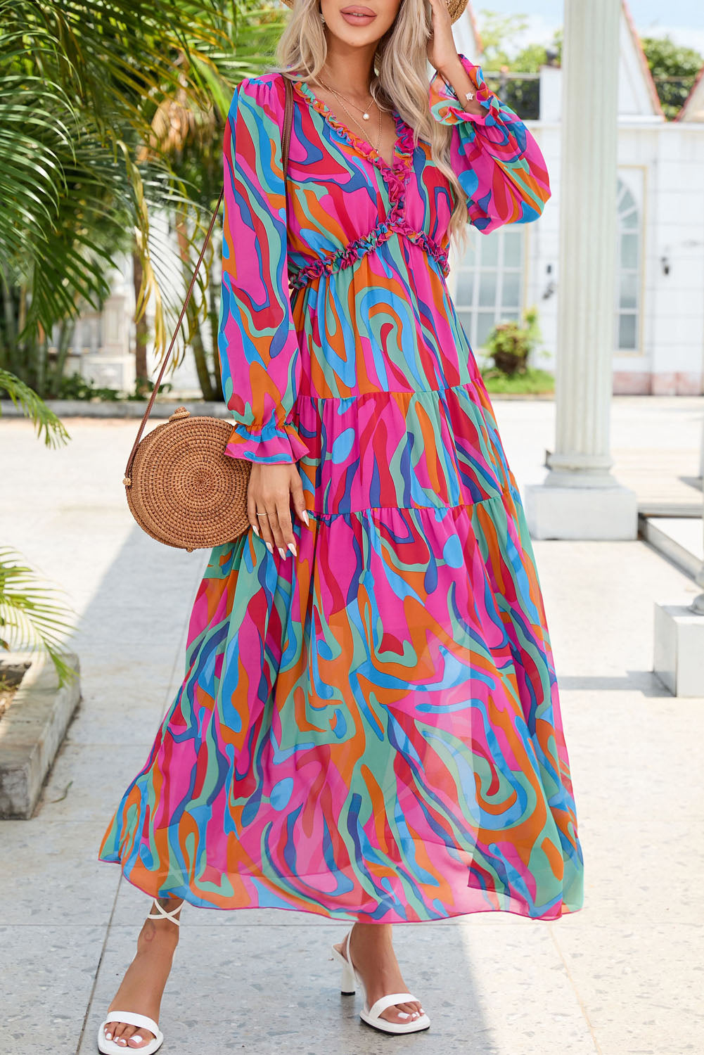 Multicolor Wild Lotus Ruffle Tiered Maxi Dress