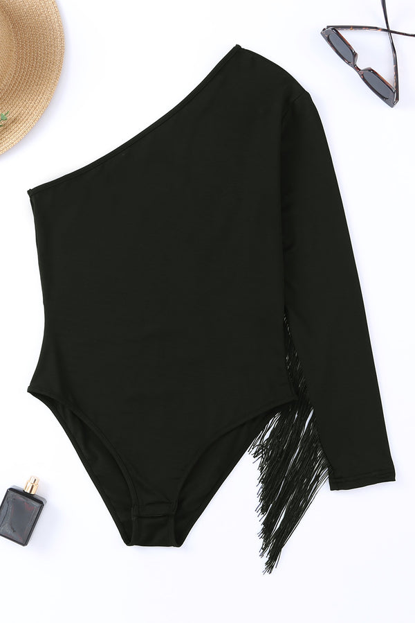 Women’s Fashion Bodysuit Black One Shoulder Fringed Long Sleeve Top