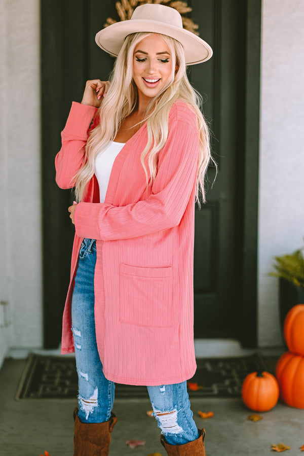 Pink Open Front Pocketed Knit Cardigan