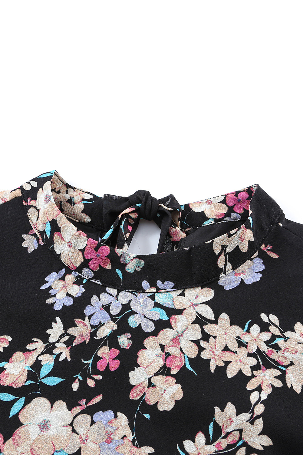 Short Sleeve Shirt Black Dainty Floral Print Lace Sleeve Blouse