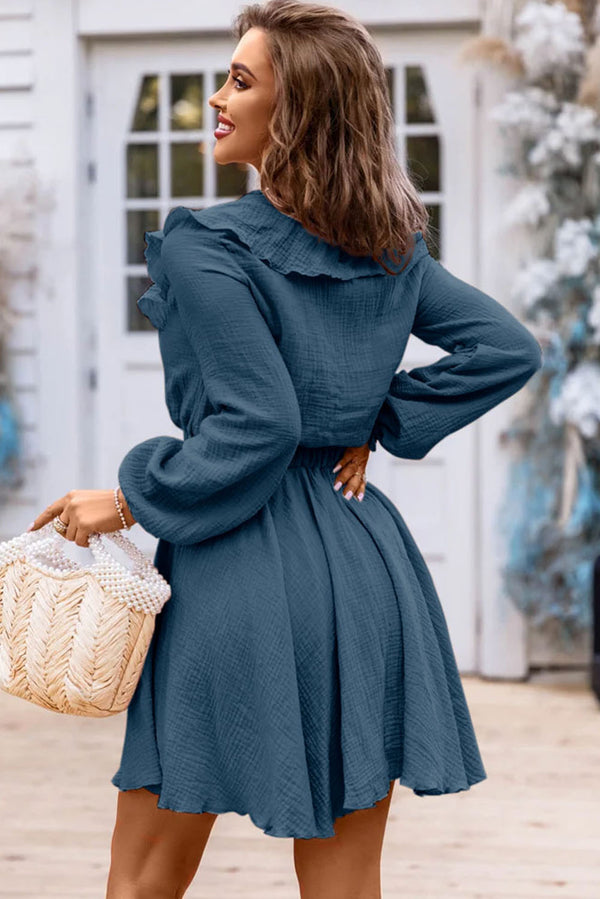 Blue Mini Long Sleeve Dress Textured Ruffled V Neck High Waist Cinch Womens Fashion