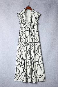 Womens Fashion Casual Long Dresses White Abstract Vein Print V Neck Ruffle Maxi Dress