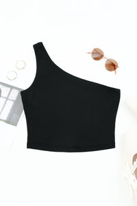 Black One Shoulder Sleeveless Crop Top Sexy Shirt