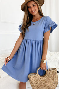 Sky Blue Round Neck Ruffle Sleeve Loose Dress