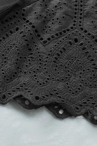 Black Shirt Scalloped Lace Sleeve Ribbed Knit Top, Womens Short Sleeve Basic Black Blouse