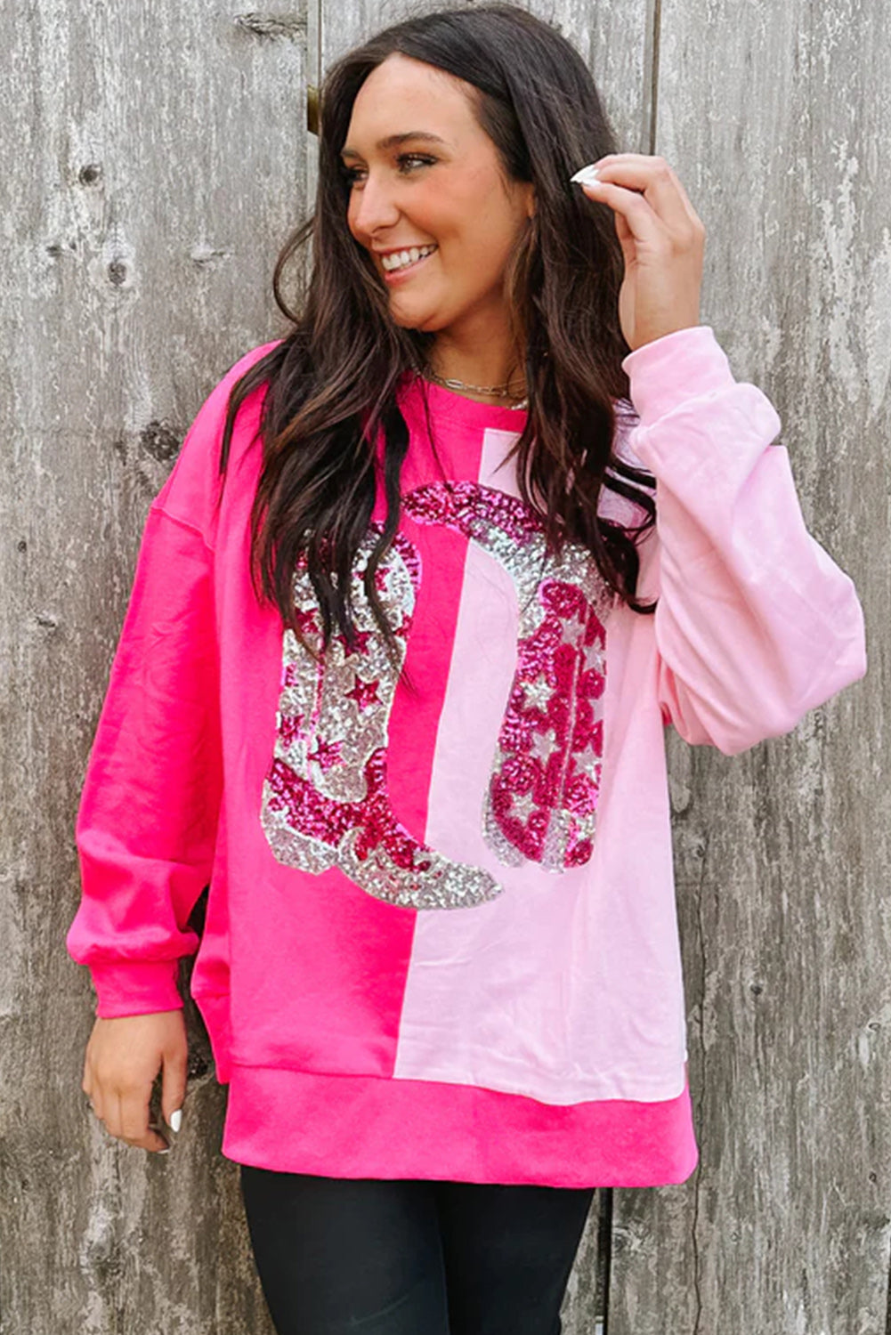 Pink Color Block Sequined Cowgirl Boots Graphic Sweatshirt Fashion Sweater