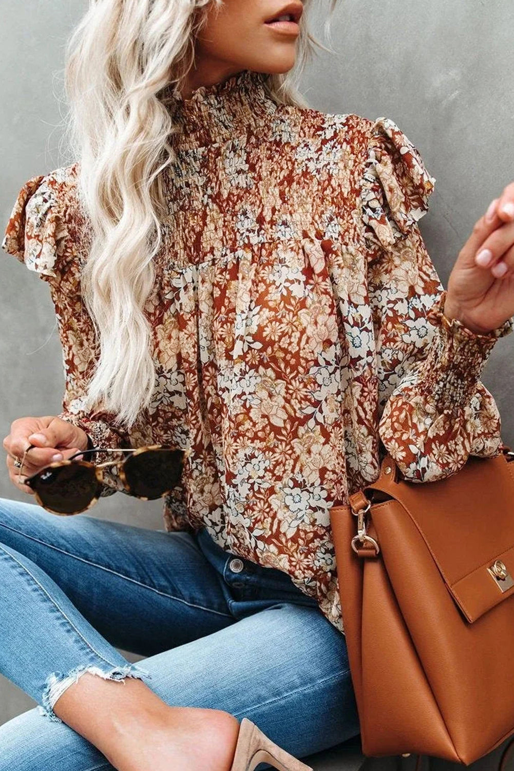 Women's Long Sleeve Shirt Gold Flame Floral Smocked Sleeve High Neck Ruffled Blouse