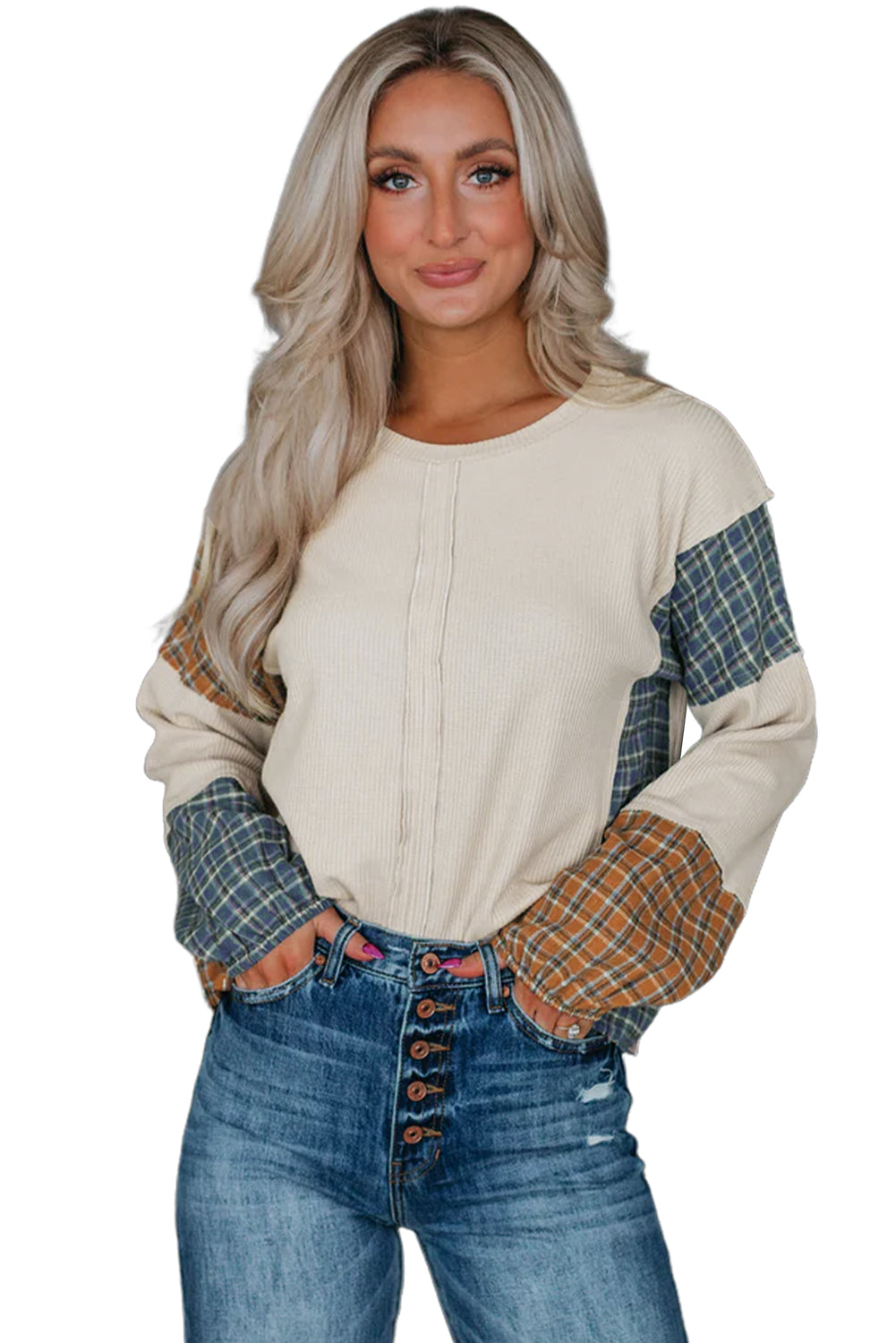 Fashion Sweater Smoke Gray Plaid Patchwork Raw Seam Long Sleeve Top