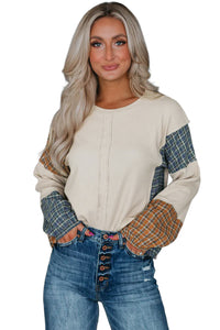 Fashion Sweater Smoke Gray Plaid Patchwork Raw Seam Long Sleeve Top