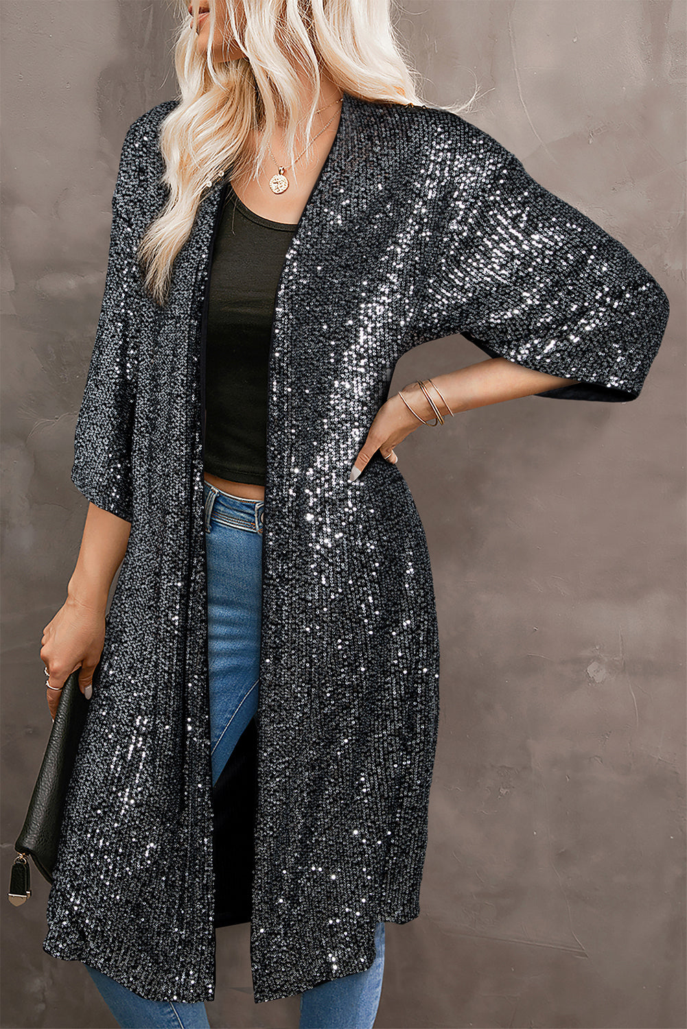 Long Cardigan Silvery Sequin Short Sleeve Kimono Womens Fashion