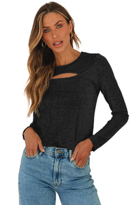 Black Sparkle Metallic Cut Out Long Sleeve Top