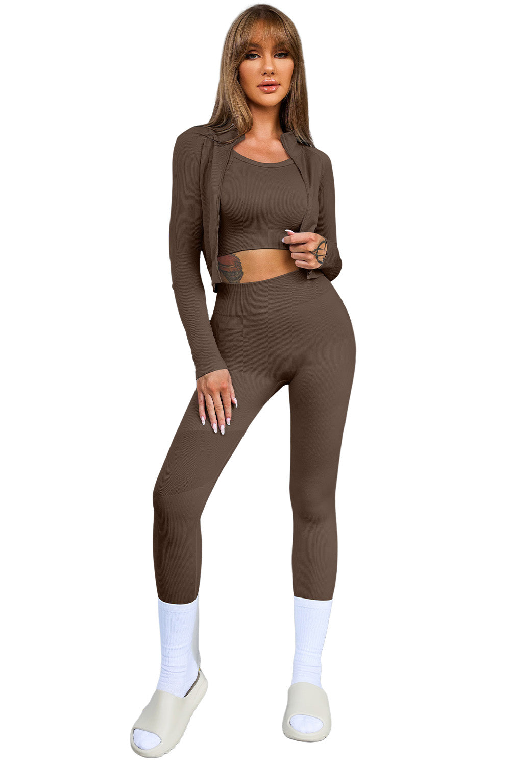 Brown Ribbed Knit 3pcs Sports Set Yoga Gym Outfit Set